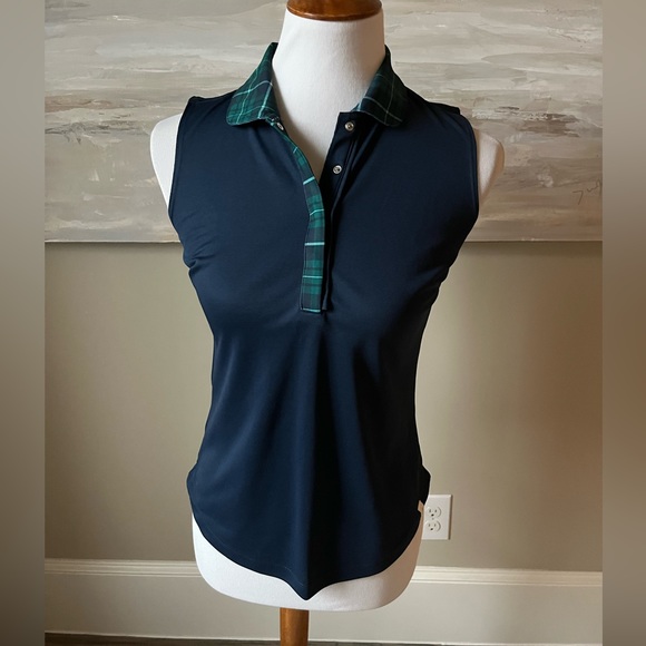 NWT Lady Hagen navy “plaid placket” sleeveless polo - Picture 1 of 11